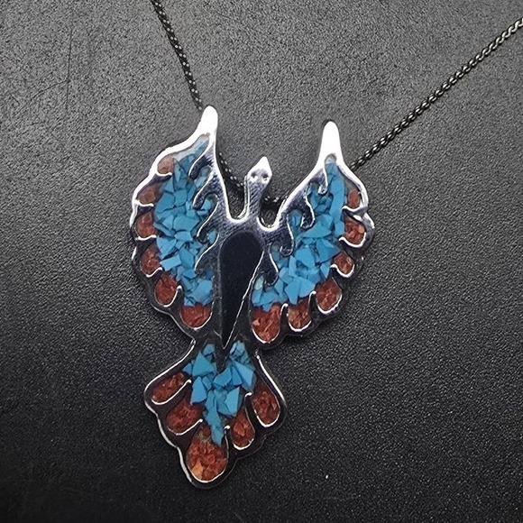 Unknown Jewelry - Turquoise Coral Inlay Phoenix Necklace Birth Southwest Boho